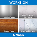 Grid showing surfaces the cleaner works on: stainless steel, sealed granite and marble, sealed wood, glass and mirrors