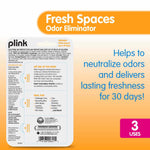 Back of Plink Fresh Spaces packaging with usage instructions, safety text and a callout stating helps neutralize odors for 30 days