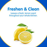 Graphic of a halved lemon with leaves under the headline 'Freshen & Clean' indicating a fresh lemon scent