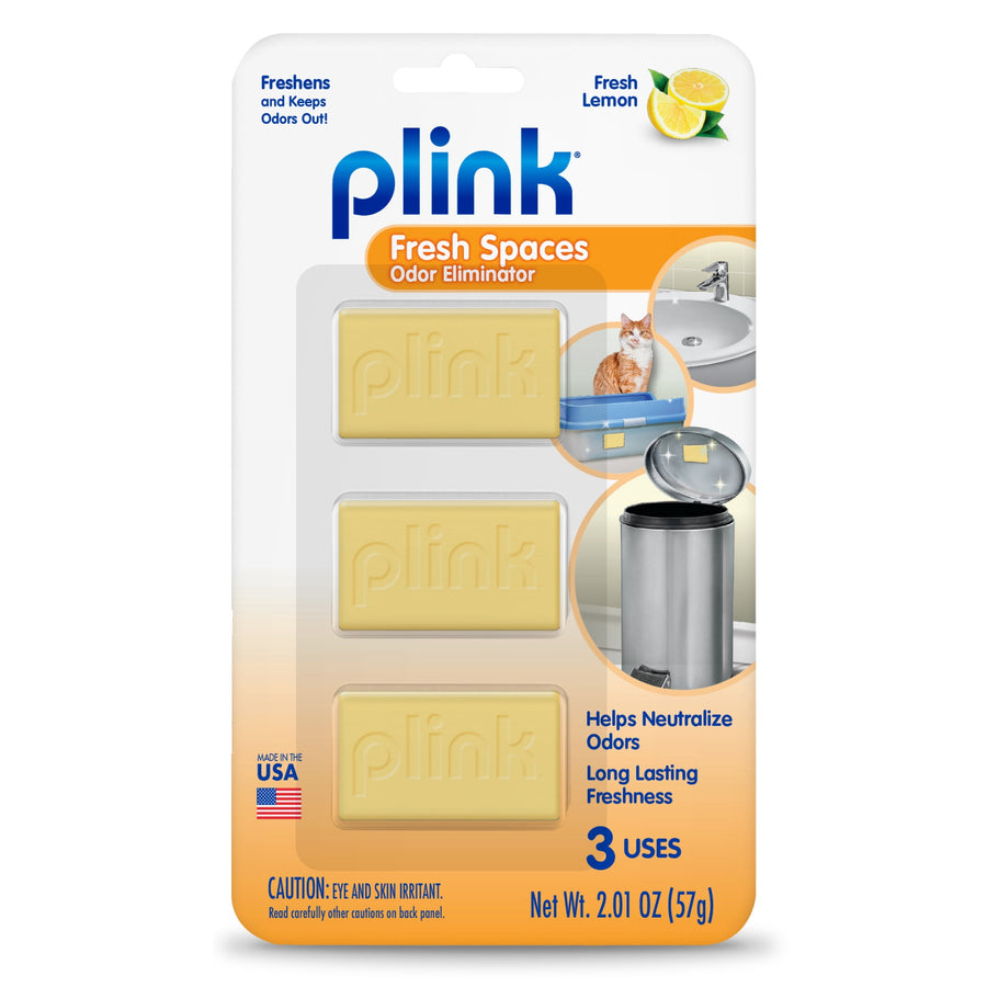 Plink Fresh Spaces blister pack showing three rectangular yellow gel odor eliminator bars and product branding