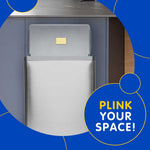 Lifestyle-style graphic showing a Plink gel pack placed on the lid of a stainless steel trash can with 'Plink your space!' text