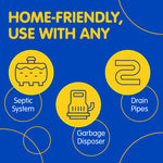 Blue and yellow graphic showing icons and text indicating home-friendly use for septic systems, garbage disposers and drain pipes