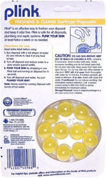 Back of Plink blister pack with usage directions, caution text and visible yellow disposal cleaner tablets in clear blister