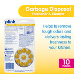 Marketing panel showing Plink packaging on left and text claiming it helps remove tough odors with a 10 plinks badge