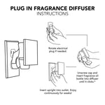 Black-and-white diagram instructions showing how to insert and rotate a plug-in fragrance diffuser and attach the oil bottle.