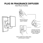 Black line-art instruction sheet showing how to insert a refill bottle into a plug-in fragrance diffuser.