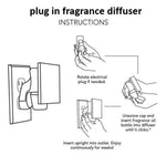 Black-and-white instructional illustration showing how to rotate an electrical plug and insert an aroma oil bottle into a plug-in diffuser.