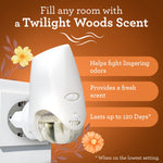White plug-in warmer inserted in outlet with callouts listing benefits like fighting lingering odors and lasting up to 120 days