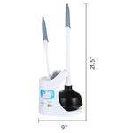 Plunger and toilet brush in white caddy shown on white background with measurement callouts indicating 9" width and 21.5" height