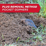 Close-up of a pocket gopher emerging from soil mound with a red banner reading 'PLUG REMOVAL METHOD'.
