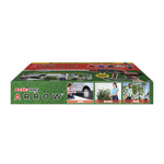 Low-angle view of Pocket Hose Arrow box edge showing logo, three lifestyle photos labeled Auto Garden Patio and product graphics