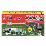 Bright retail box front showing Pocket Hose Arrow spray gun graphic, four colored nozzles and usage photos on grass background