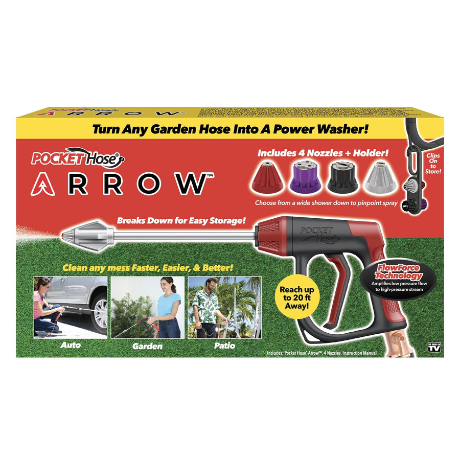 Bright retail box front showing Pocket Hose Arrow spray gun graphic, four colored nozzles and usage photos on grass background