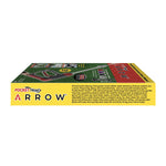 Side/top view of Pocket Hose Arrow box showing product logo on yellow strip and descriptive text on a grass-patterned background