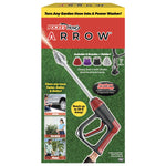 Tall retail packaging panel for Pocket Hose Arrow featuring the spray gun, four nozzle icons and product callouts on grass