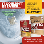 Graphic of a dissolvable pod dissolving in a toilet with product pouch and instructions stating drop in one pod and repeat monthly.