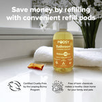 Podsy Bathroom foaming cleaner bottle on a vanity with a refill pod and overlay text about saving money by refilling with pods.