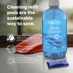 Podsy Glass Cleaner bottle on a counter with badge icons highlighting certifications and a single pod