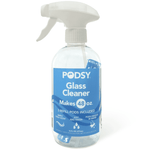 Clear spray bottle of Podsy Glass Cleaner with blue front label and visible refill pod inside