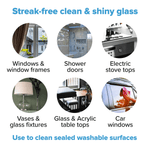 Infographic showing recommended uses for streak-free glass including windows, shower doors and car windows