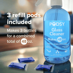 Podsy Glass Cleaner bottle with three blue refill pods and text stating three refill pods included