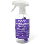 Clear spray bottle labeled PODSY Multi-Surface Cleaner with purple label and visible refill pod inside
