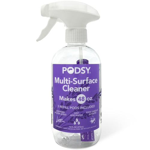 Clear spray bottle labeled PODSY Multi-Surface Cleaner with purple label and visible refill pod inside