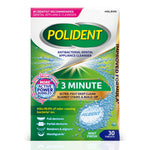 Front-facing Polident 3 Minute antibacterial dental appliance cleanser box with mint-fresh tablet and bubble graphics