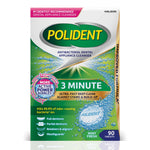 Front-facing Polident 3 Minute denture cleanser box with bubbling powder graphic and mint fresh label