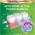 Graphic illustration of dentures being cleaned with active power bubbles and text about more active power bubbles