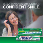 Advert showing a smiling woman with stacked Polident and Poligrip product boxes and headline “Confident Smile”