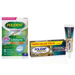 Polident 3 Minute denture cleanser box beside Poligrip Power Max denture adhesive twin pack and a tube