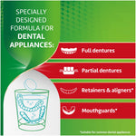 Green infographic panel listing dental appliances suitable for the formula with icons for full dentures, partials, retainers/aligners and mouthguards