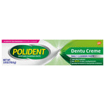Flat product label strip for Polident Dentu Creme daily cleanser paste with green branding and net weight