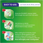 Step-by-step usage instructions showing illustrations for soaking a denture with a tablet, brushing the appliance, and rinsing under water