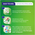 Instructional graphic showing three-step usage: drop tablet, soak appliance, brush and rinse for Polident cleanser