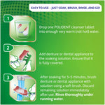 Instructional graphic showing three steps to use Polident tablets: drop tablet in warm water, soak appliance, then brush and rinse