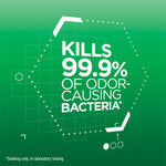 Green branded graphic reading “Kills 99.9% of odor-causing bacteria” on a dotted hexagon background