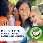 Three smiling people in a lifestyle image alongside text claiming kills 99.9% of odor-causing bacteria and a mint fresh badge
