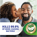 Lifestyle image of two people smiling with a badge reading mint fresh and claim about killing odor-causing bacteria