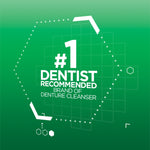 Green promotional graphic stating “#1 Dentist Recommended Brand of Denture Cleanser” with geometric accents