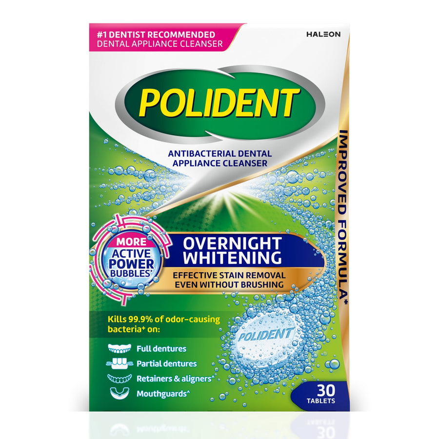 Polident Overnight Whitening antibacterial dental appliance cleanser front packaging with tablet and bubbly graphics