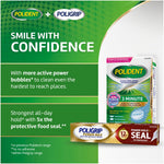Promotional panel pairing Polident and Poligrip logos with product box image and smiling confidence headline