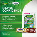 Green branded graphic with Polident and Poligrip logos, product photos and text reading ‘Smile with confidence’