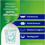 Green informational panel listing dental appliances suitable for the cleanser with icons for dentures and retainers