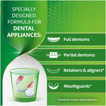 Green infographic listing dental appliances suitable for the cleanser: full dentures, partials, retainers, and mouthguards