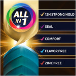 Graphic badge reading ALL IN 1 with list of benefits like 12H strong hold and zinc free