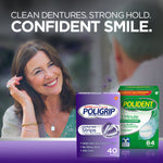 Lifestyle image showing a smiling woman and product shot of Poligrip Comfort Seal box beside Polident cleanser with headline confident smile