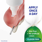 Close-up instructional-style image showing adhesive cream being applied to a denture with text 'apply once a day'.
