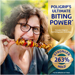 Smiling person eating a skewer with overlay text promoting Poligrip's ultimate biting power
